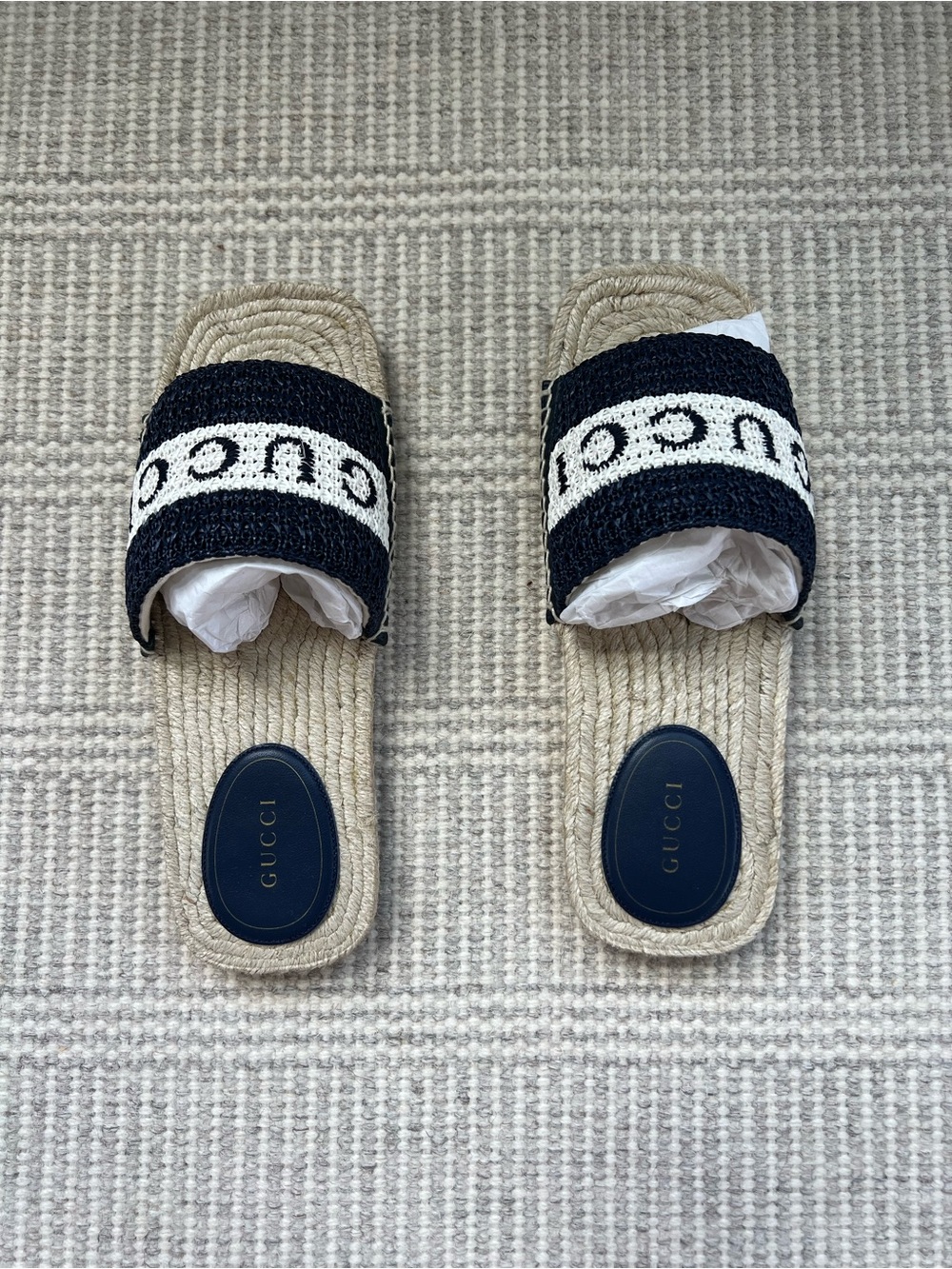Gucci Navy and Natural Raffia Logo Slide Sandals